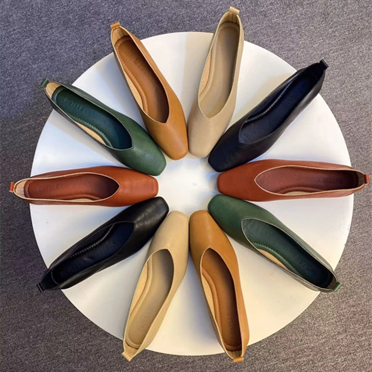 2025新款女鞋粗跟浅口女鞋真皮透气方头平底单鞋复古大码鞋单鞋女