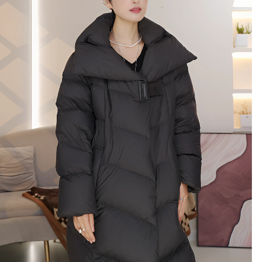 新国标90白鸭绒简欧长款过膝冬季新款宽松加厚翻领磁力扣羽绒服