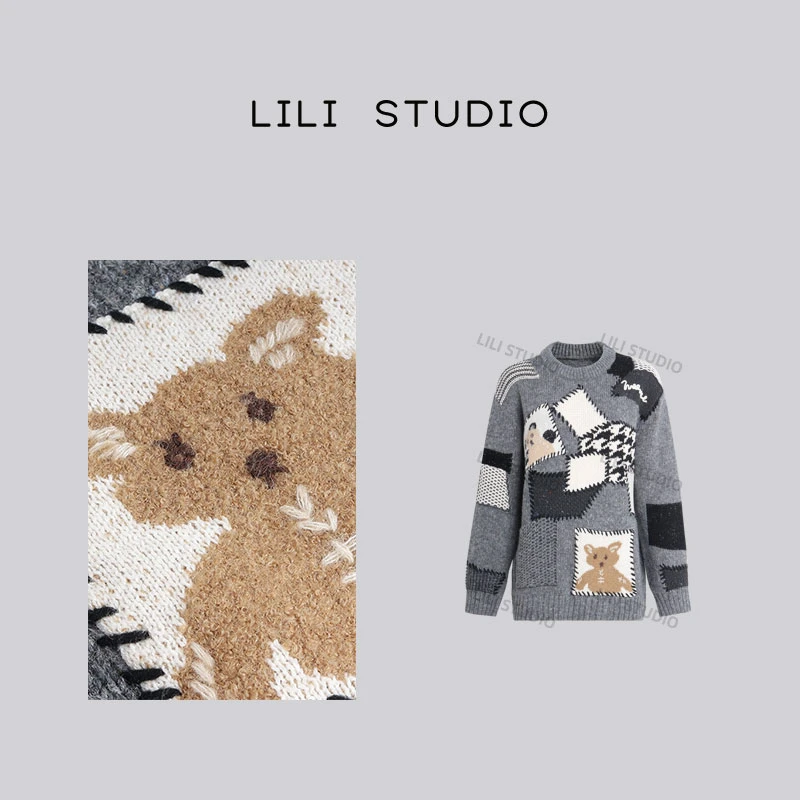 PCNY「卡通布贴」不理理冬季新款女装宽松圆领卡通设计毛衣女