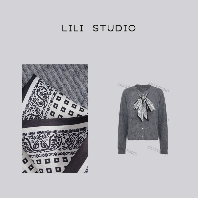 PCNY「灰意格调」不理理冬季新款女装简约丝巾开衫毛衣女