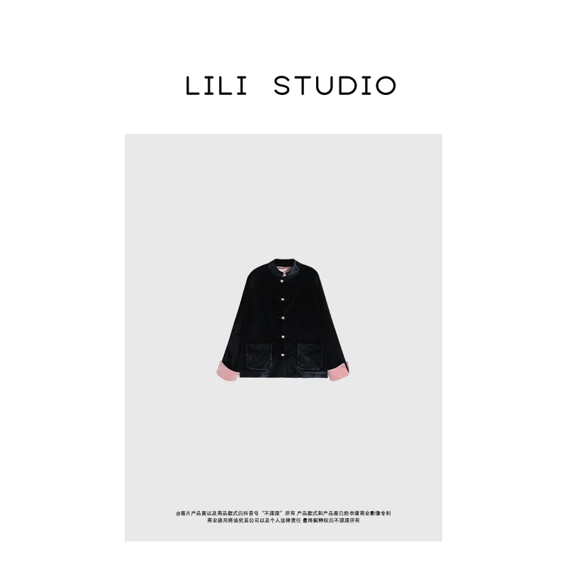 PCNY「绒光粉里」不理理冬季新中式古典黑粉丝绒提花旗袍盘扣外套