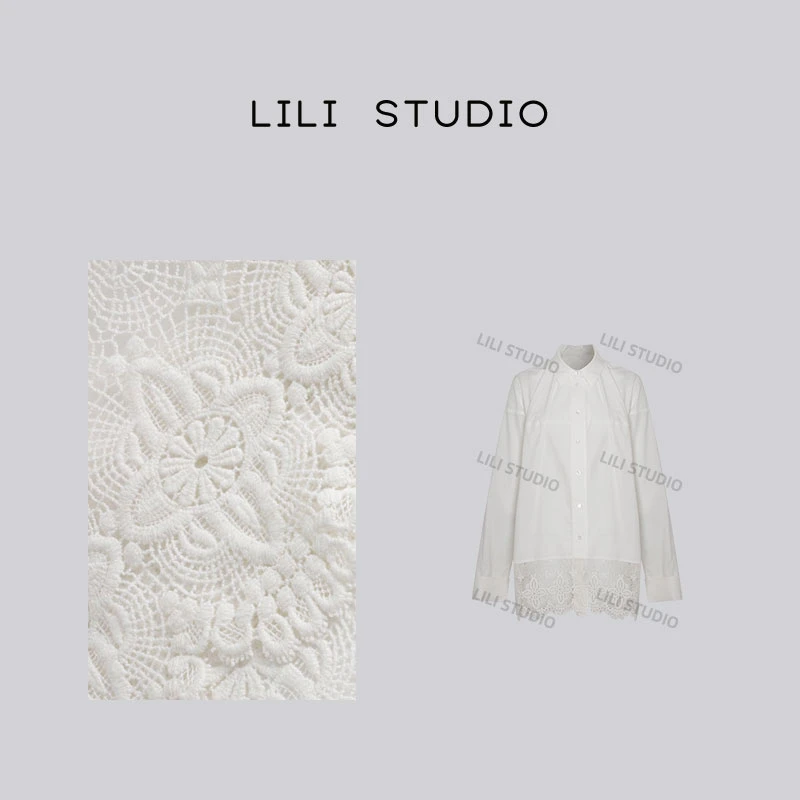 PCNY「白色花丛」不理理秋季新款女装休闲蕾丝下摆衬衫女