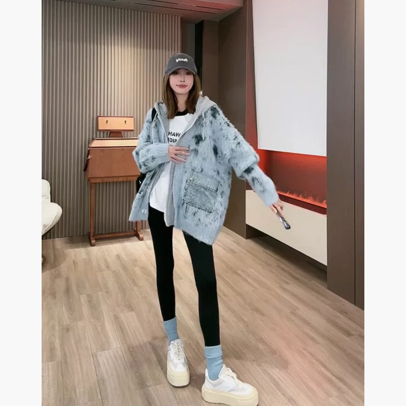「暖屿星空」不理理假两件毛绒连帽上衣女秋季新款热力感拼接短外套