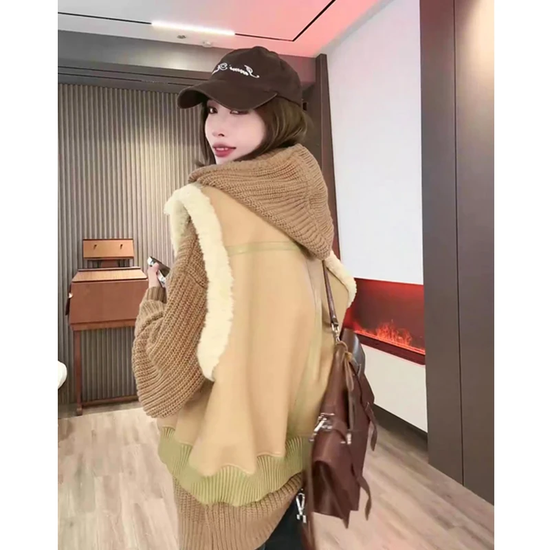 「毛毛外套」不理理热力感皮毛一体马甲秋冬季新款拼皮PU皮拉链马