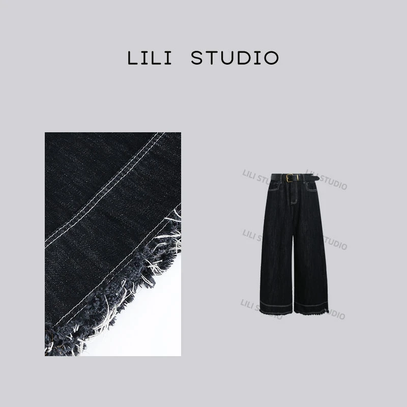 「溜须牛仔」不理理冬季新款女装复古宽松猫须流苏牛仔裤