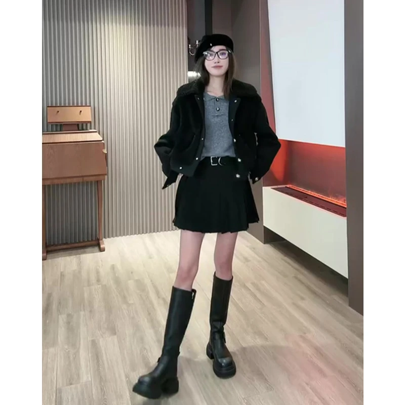 PCNY「双银扣腰」不理理秋季新款女装黑色腰带双扣短裙百褶裙女