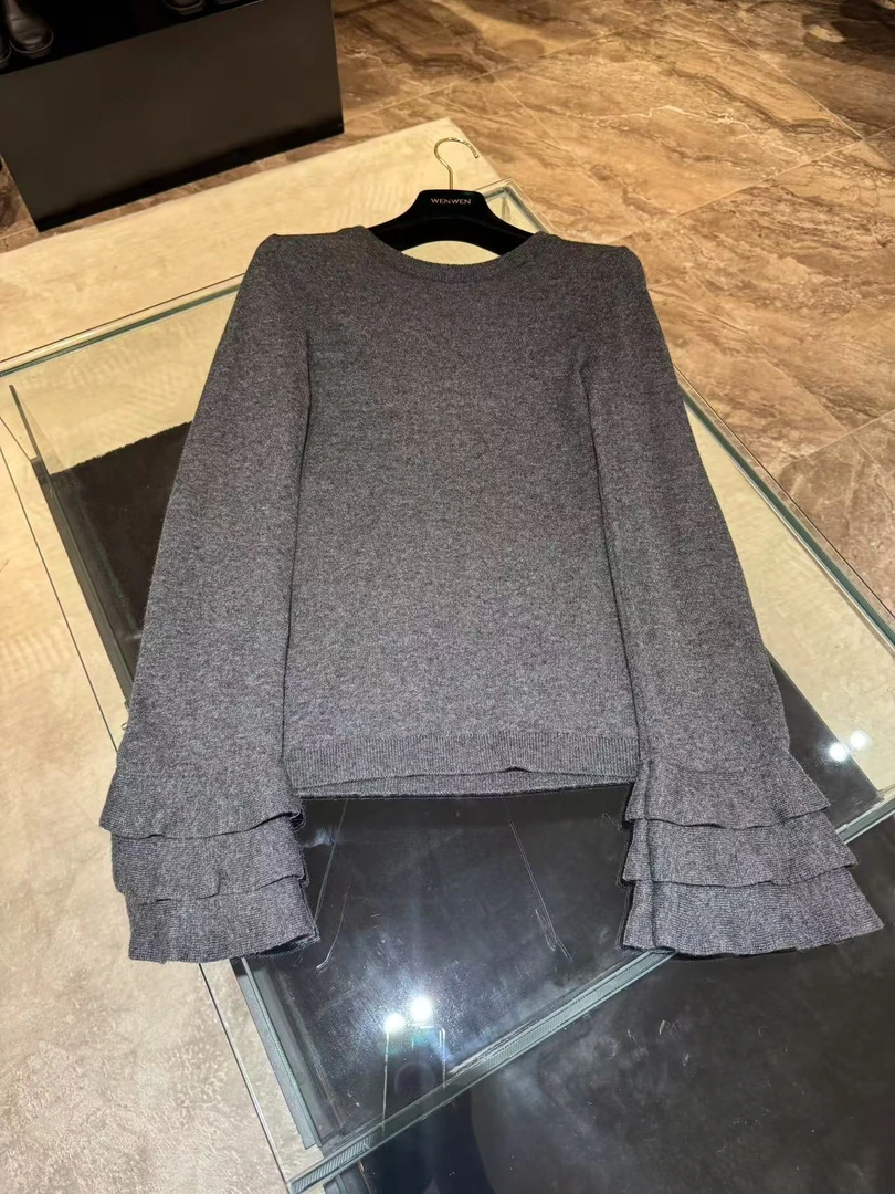 WW高端女装24早秋新款时尚优雅圆领荷叶边波浪袖羊毛针织衫上衣