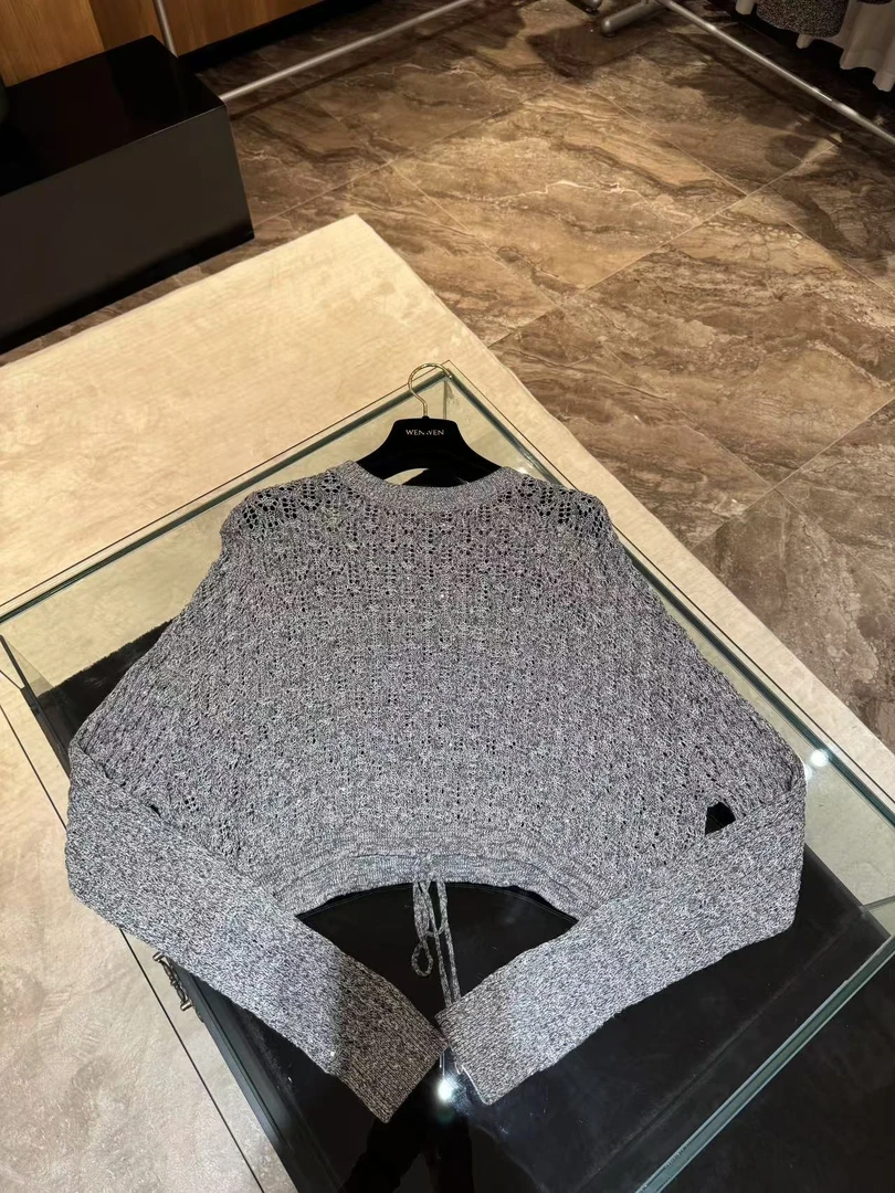WW2024秋季新款灰色镂空针织衫女宽松套头毛衣抽绳设计薄款高级套