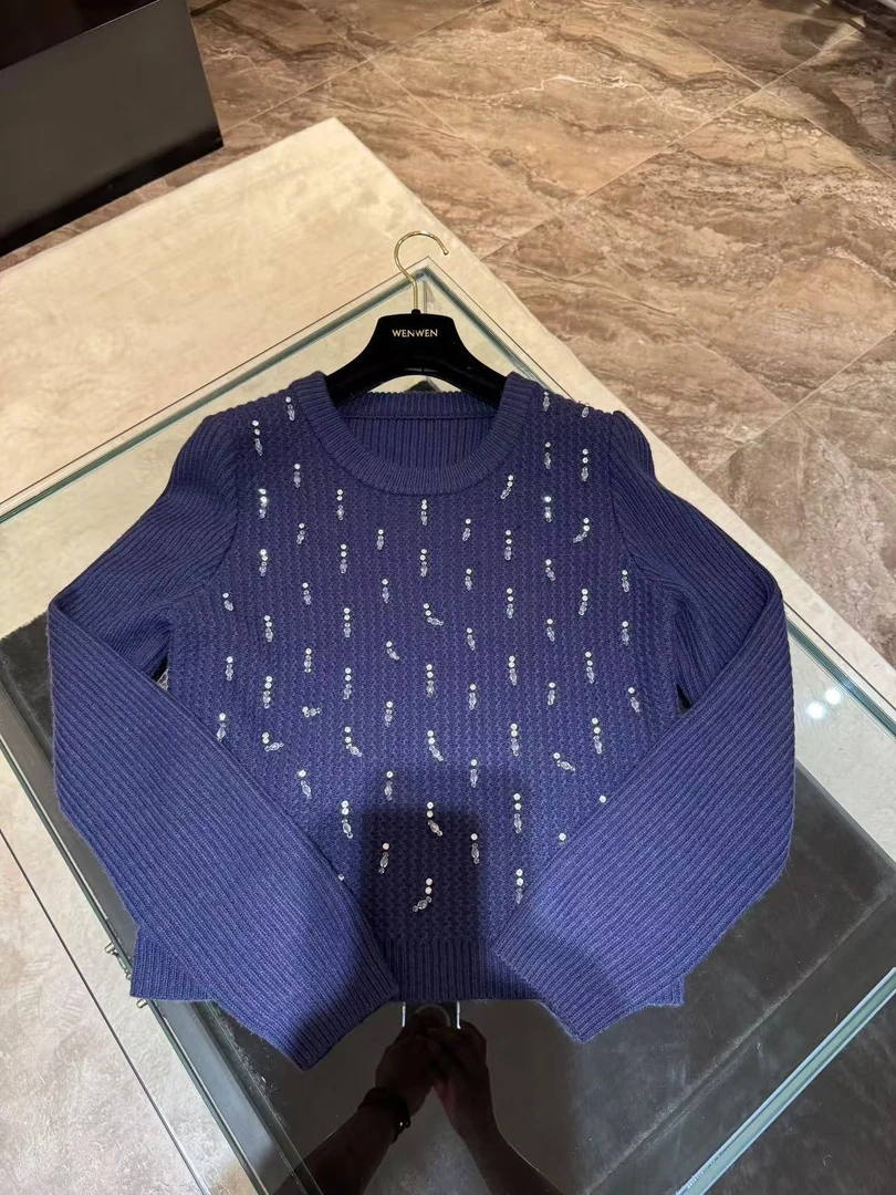 WW早秋上衣入秋韩系穿搭水钻圆领套头慵懒风羊毛衣软糯长袖针织衫