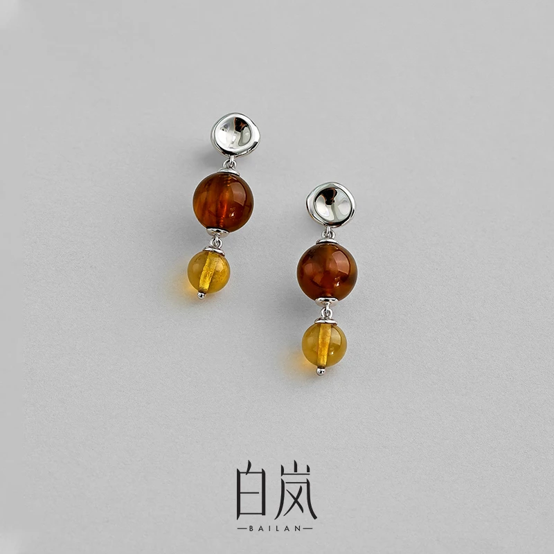 白岚双珀耳钉女琥珀气质耳饰独特设计感耳环法式复古流光风ED4347