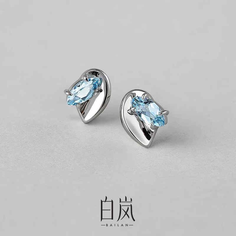 白岚海蓝宝耳钉女百搭设计感个性精致小众气质蓝色耳环轻奢ED3968