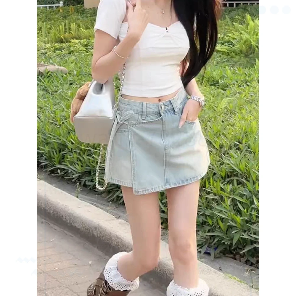 浅蓝牛仔半身裙裤女夏季2024新款高腰显瘦a字裙裤不规则牛仔包臀