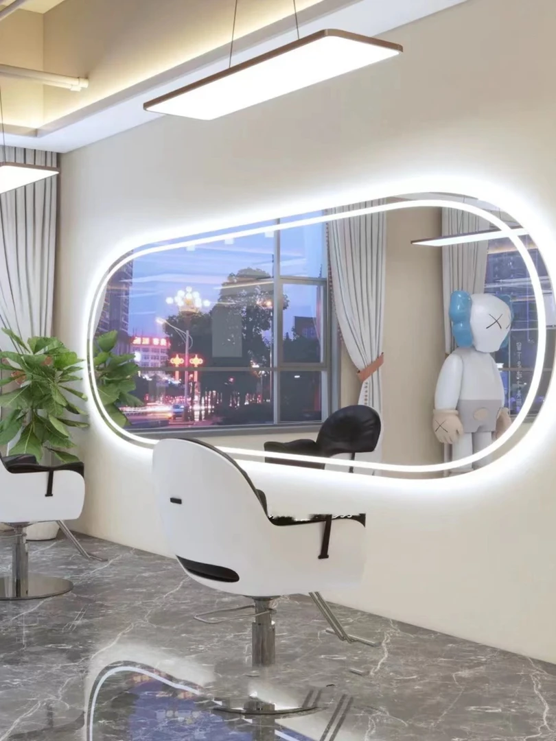 网红专用理发店镜子LED带灯发廊单面壁烫染剪发镜美发店挂墙镜台