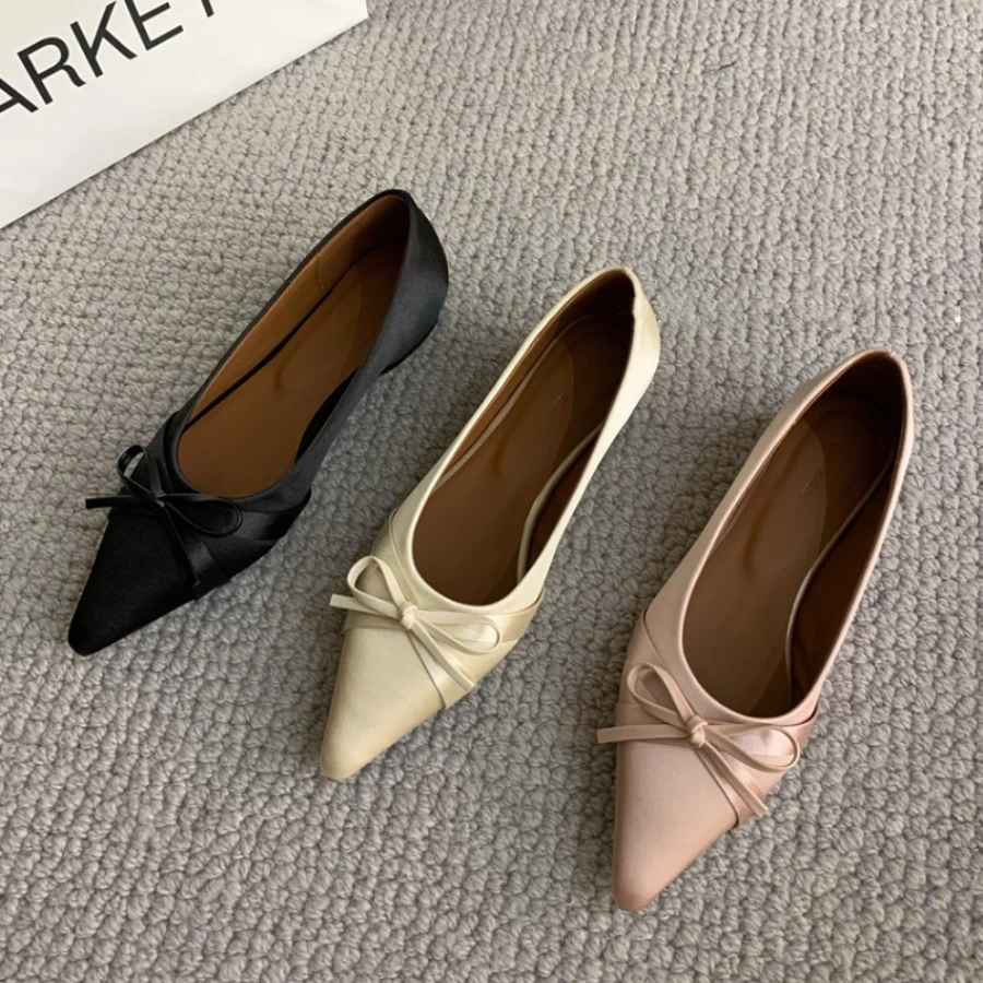 【罗伊伊新品】法式甜美绸缎面蝴蝶结尖头浅口单鞋