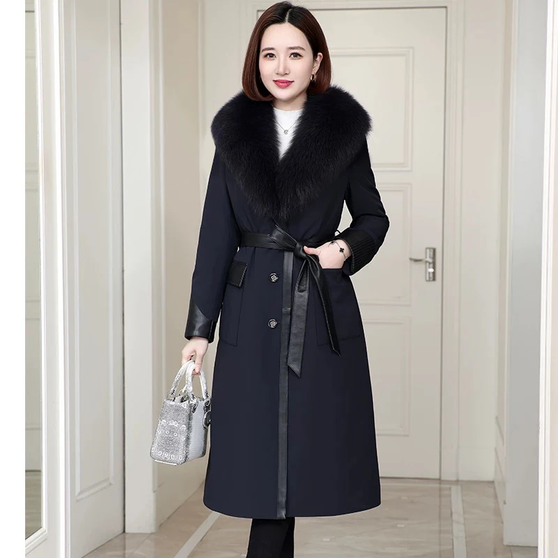 海宁狐狸毛领中长款鹅绒服2024新款保暖羽绒服外套收腰派克服518