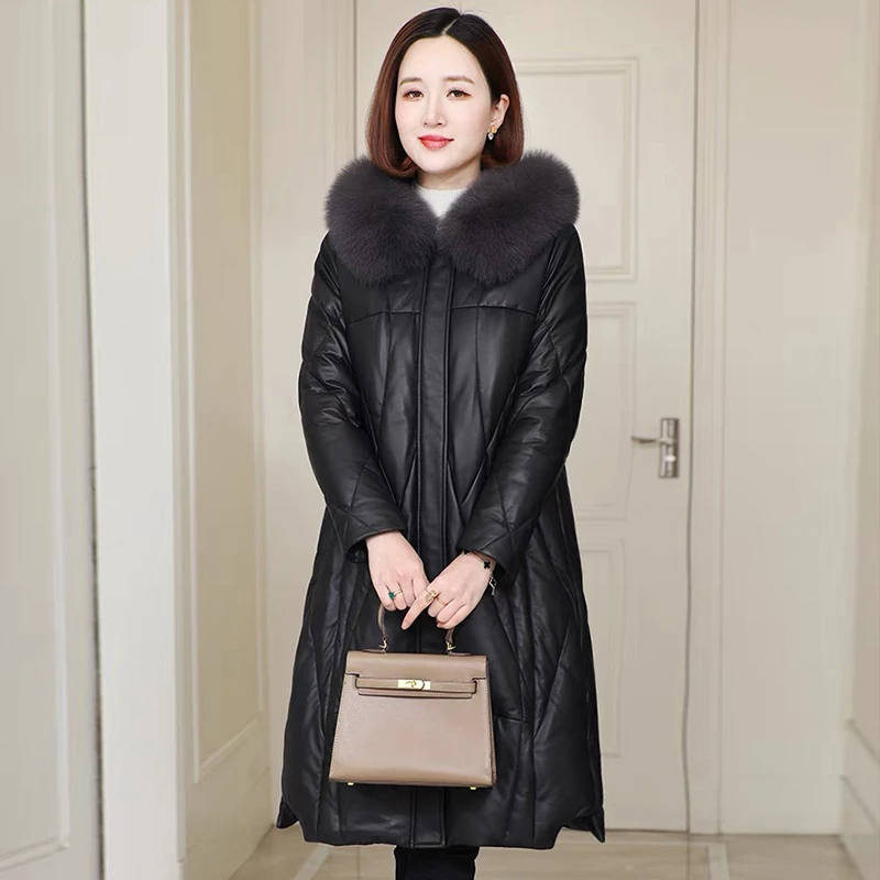 迈宝莉 新款时尚韩版真皮鹅绒服女 休闲加厚绵羊皮羽绒服37037