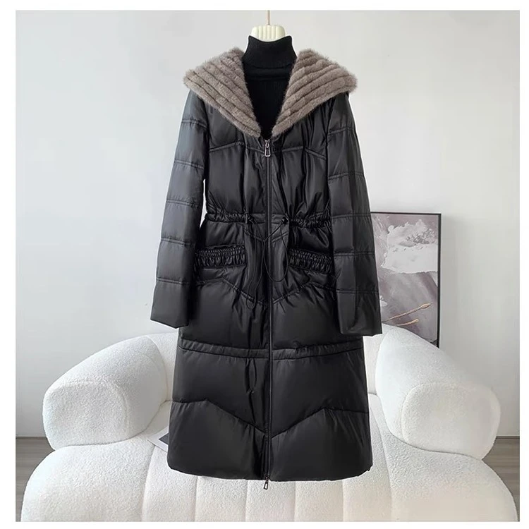 迈宝莉  真皮鹅绒服女中长款水貂连帽 新款绵羊皮羽绒服外套7919