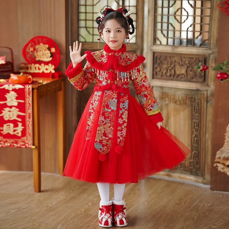 连衣裙儿童汉服加绒小女孩中国风女童冬季拜年服宝宝红色加厚秋冬