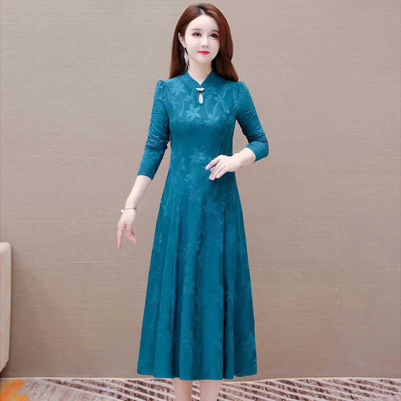 338栀子花中式日常长袖长裙民族风气质网红连衣裙时尚传统旗袍裙