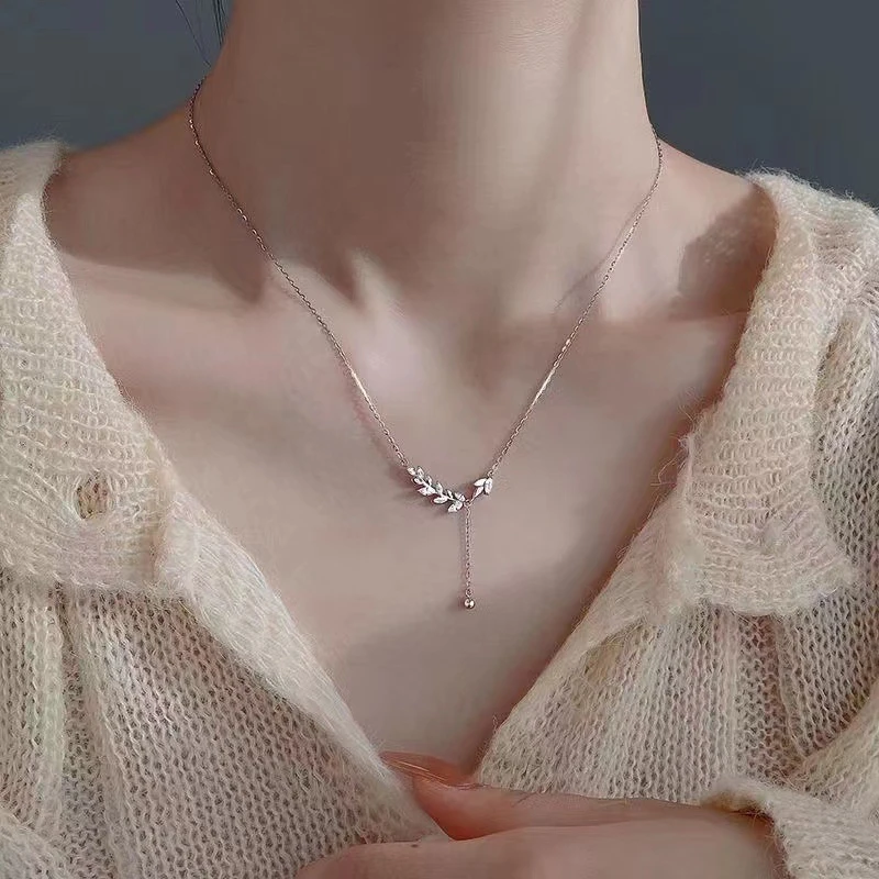 钛钢项链 超闪亮麦穗项链女甜美小众设计穗穗平安树叶流苏锁骨链