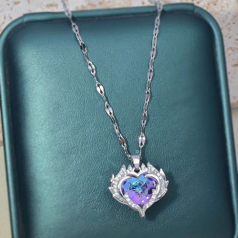 钛钢仿水晶项链 【520礼物】七彩海洋之心高级感项链情人节礼物坠链