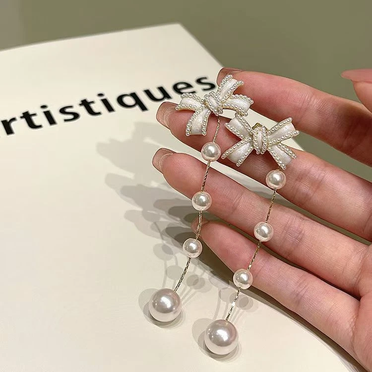 合金仿珍珠耳饰 复古蝴蝶结流苏长款耳环小众高级感轻奢女夏耳饰S