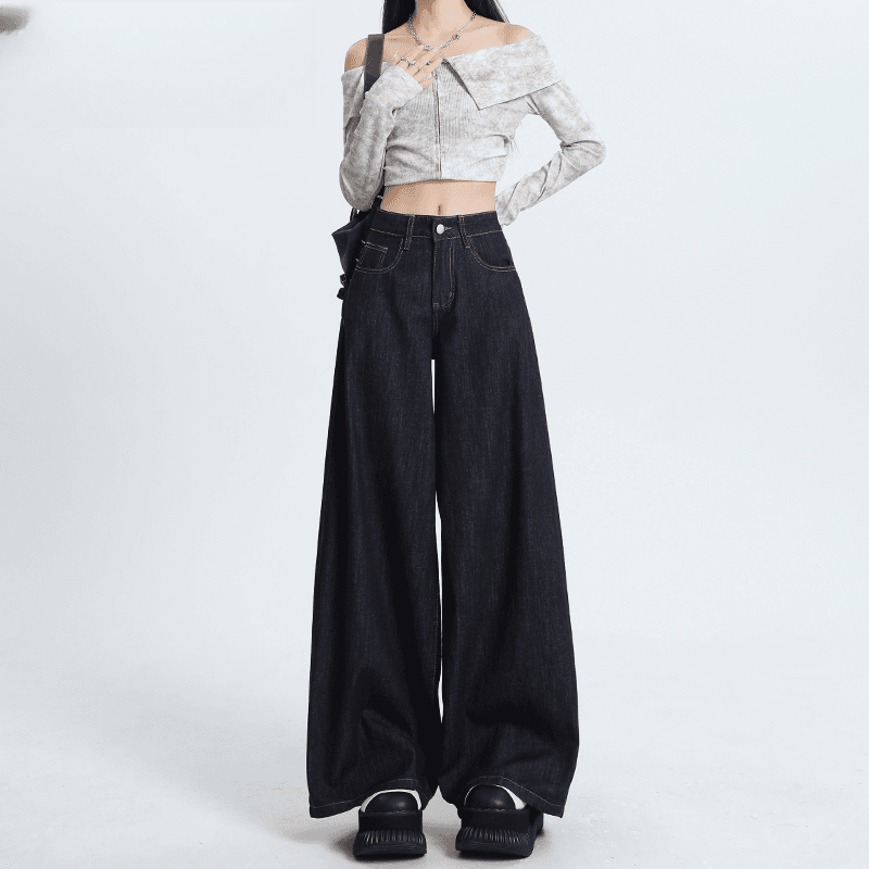 拉夏贝尔复古深蓝色牛仔裤女款2024新款宽松拖地休闲显瘦高腰垂坠