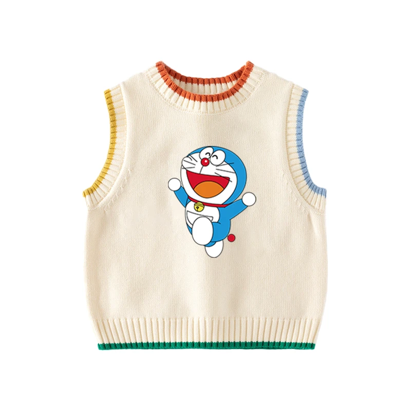 儿童哆啦A梦毛衣马甲男女童卡通休闲针织衫中小童无袖V领毛线衣