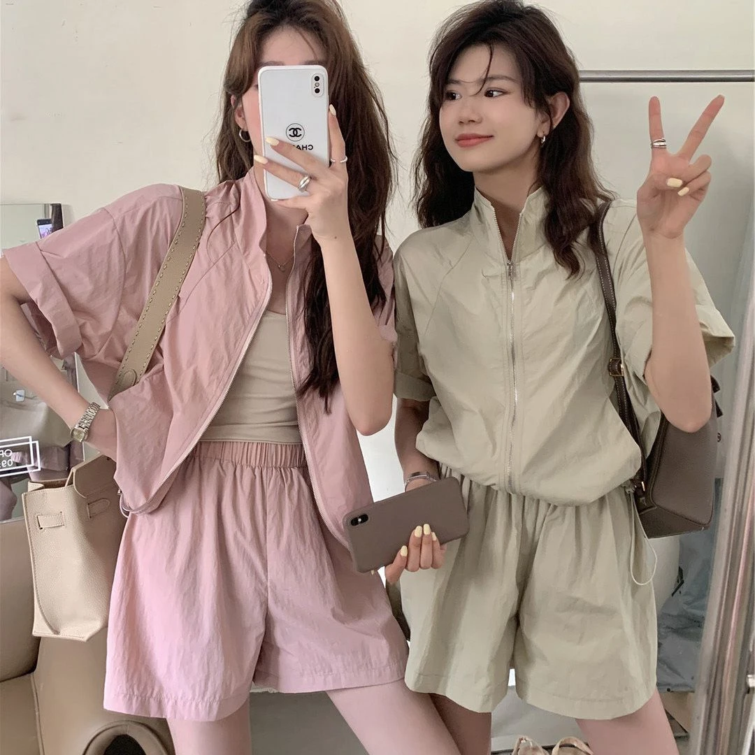 2025甜美速干防晒套装夏小个子减龄短袖外套短裤运动休闲两件套女