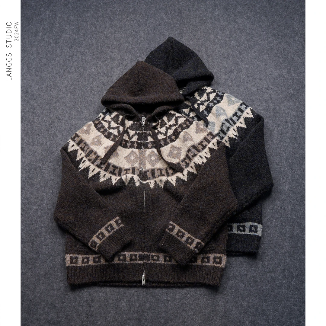 LANGGS&浪叔 冬季韩系费尔岛风连帽开衫毛衣-24M012