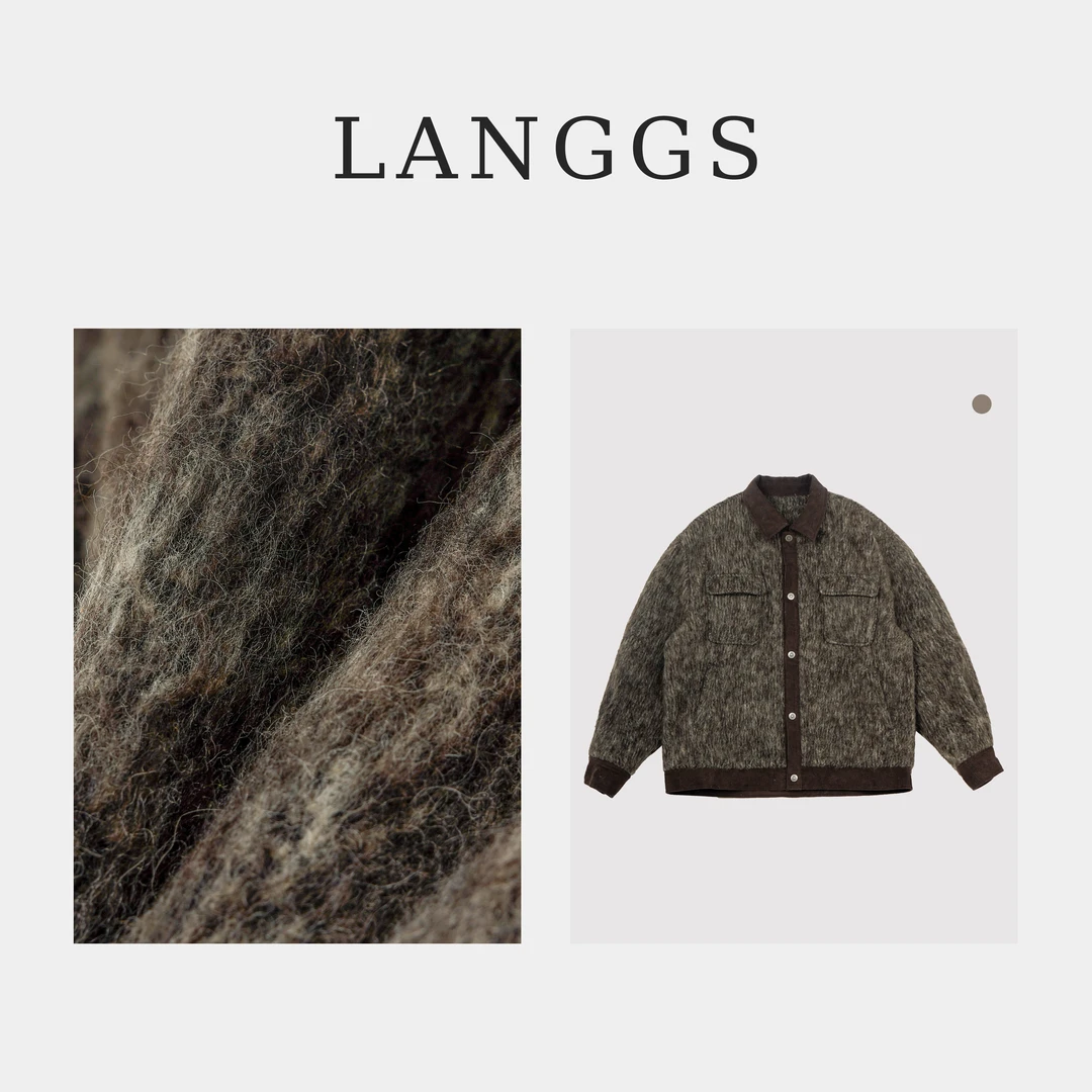 LANGGS&浪叔 冬季复古拼色毛呢夹克潮牌加厚夹棉外套宽松-SY395