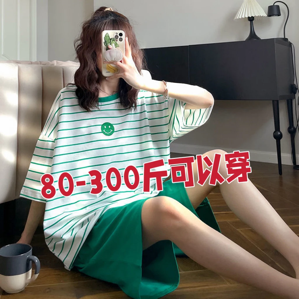 大码睡衣套装女夏季薄款胖mm300斤宽松显瘦短袖短裤可外穿家居服