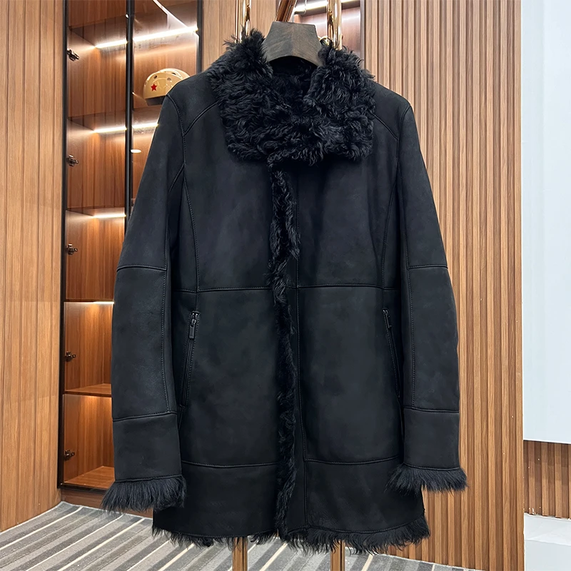 KARUOBIN/卡若宾西班牙进口绒面提格拉多中长款羊皮毛一体外套男