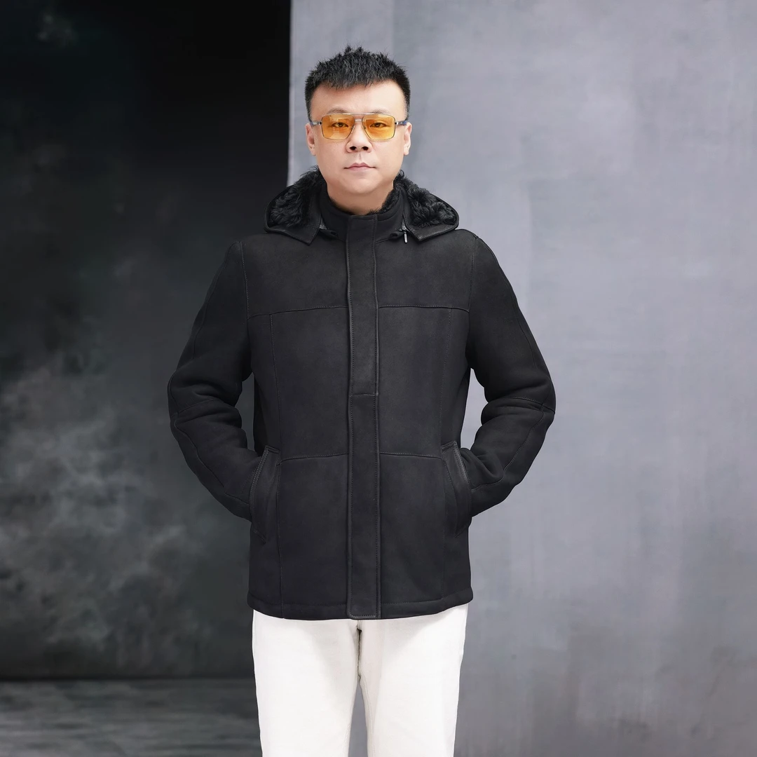 [断码清仓]西班牙进口绒面连帽提格拉多羊皮毛一体男士外套