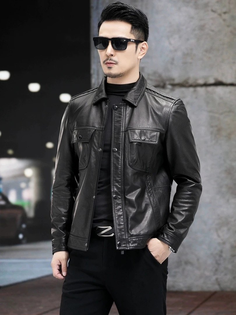 [断码清仓] 时尚都市男士春秋潮流帅气复古黑色修身真皮牛皮皮衣
