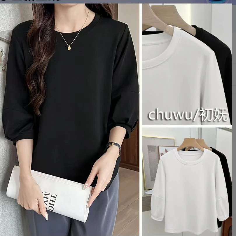 【高定好质量夏秋定制秘鲁棉泡泡袖打底衫t恤白色宽松纯色上衣3839