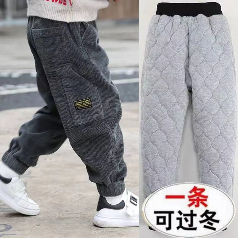 男童裤子加棉加厚2023新款中大童灯芯绒秋冬装棉裤儿童一体绒长裤