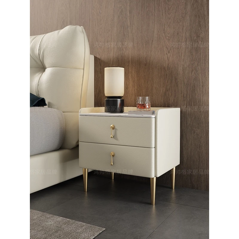鸿帅格轻奢全实木简约现代床边卧室岩板高级床头收纳柜置物柜皮质