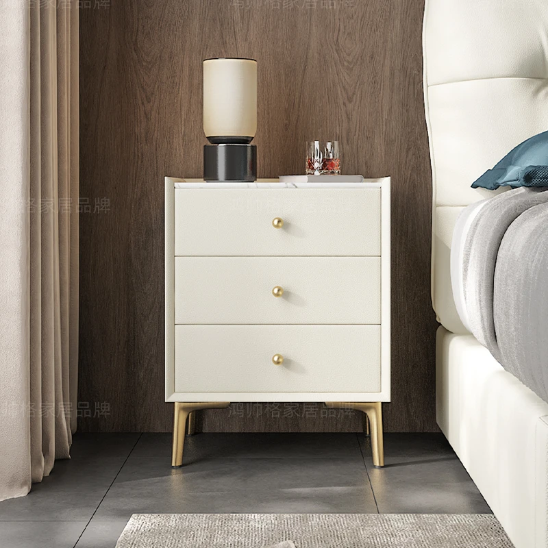 鸿帅格轻奢全实木床头柜极简奶油风岩板设计感卧室收纳柜现代简约