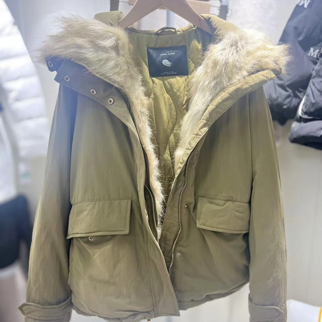 女士秋冬加厚军绿色棉衣工装大衣外套连帽带毛保暖外贸欧美女