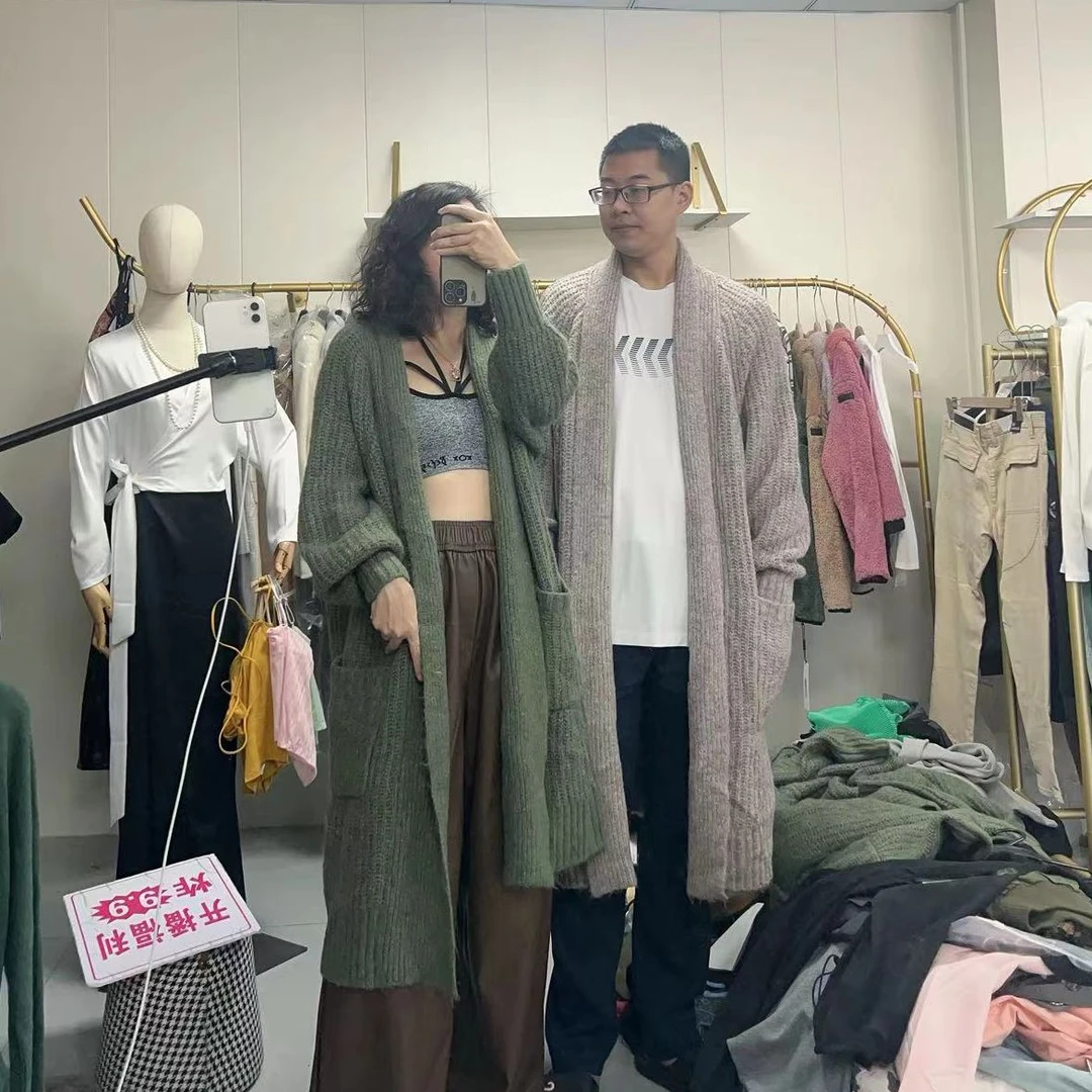 欧美男女慵懒感过膝中长款针织开衫宽松软糯温柔纯色毛衣外套秋冬