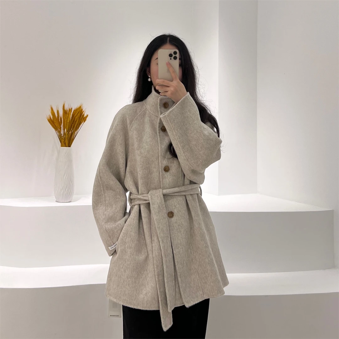 韩版腰带A2363双面羊毛大衣轻奢简约时尚百搭女装中长款设计师