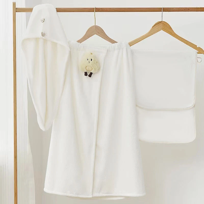 雅迎-奶酪浴裙三件套柔软吸水浴袍毛巾干发帽成人加厚套装J020