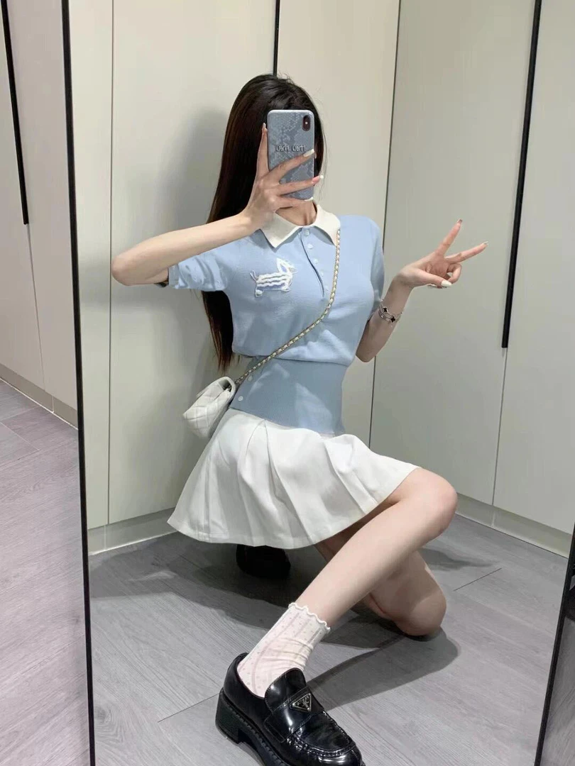 【汤姆】女款-夏季经典四道杠条纹狮子狗短袖针织衫