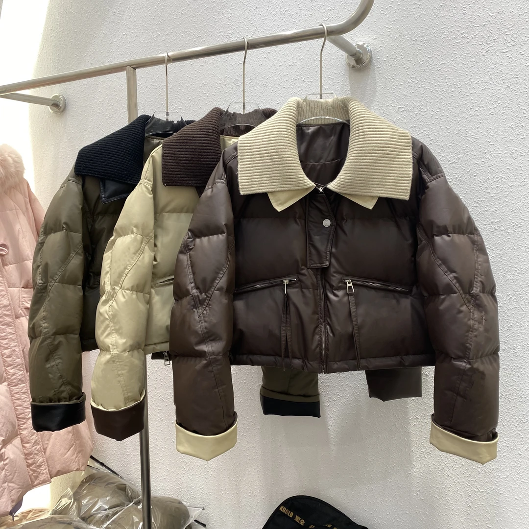 南油高货清仓捡漏！撞色拼接针织大翻领羽绒棉服女冬复古夹棉外套