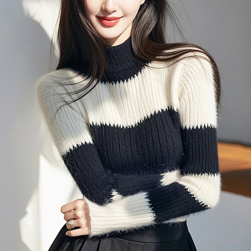 韩系洋气百搭黑白条纹圆领长袖毛衣针织衫女秋冬款超好看软糯小衫