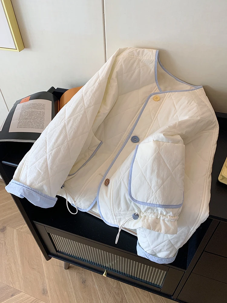 韩版撞色圆领菱格夹棉棉服女秋冬2024新款减龄小个子甜美保暖外套