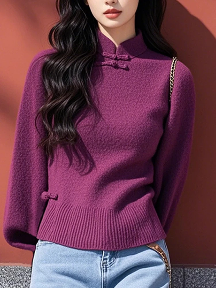 冬季新中式轻国风盘扣小立领紫色毛衣复古新中式高级感内搭针织衫