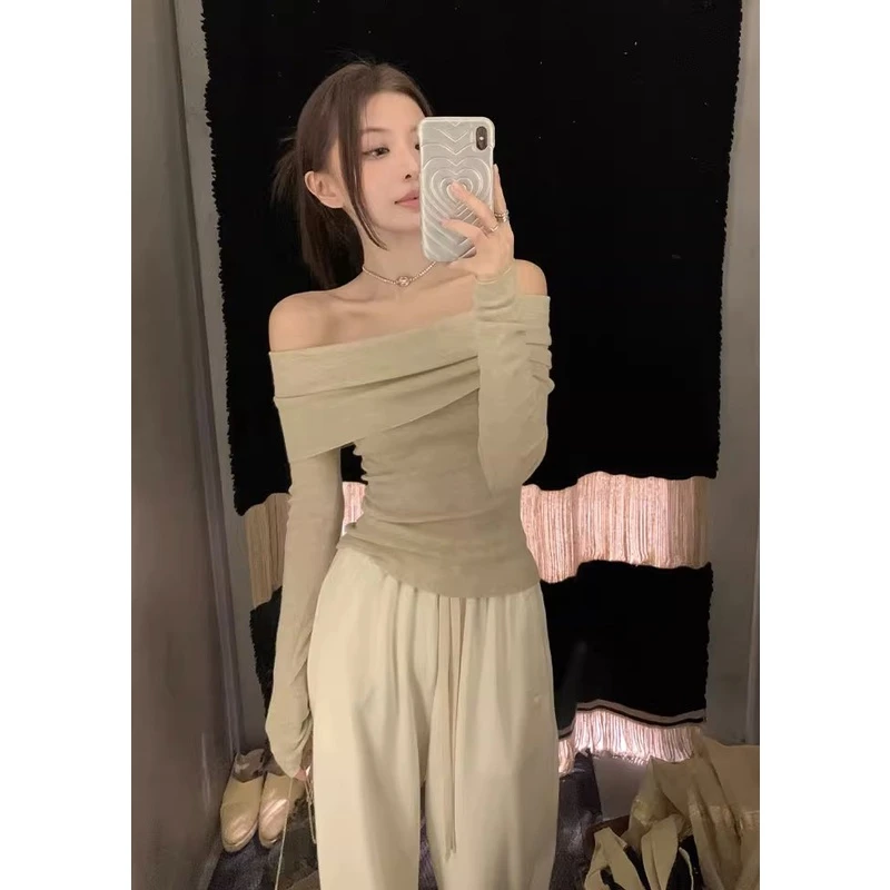 一字肩长袖针织衫女春秋薄款内搭上衣修身显瘦小个子短款打底毛衣