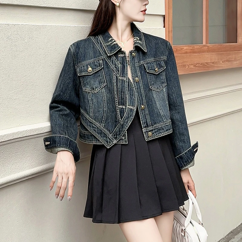 牛仔外套女春秋2023新款小个子短款上衣夹克宽松百搭不规则设计感